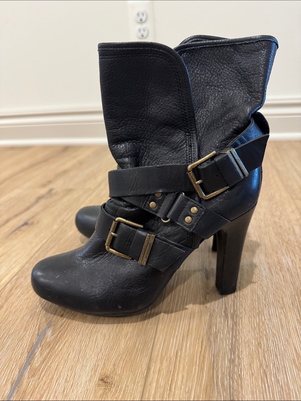 Black Buckle Strap High-Heel Ankle Boots - Women. Soft leather